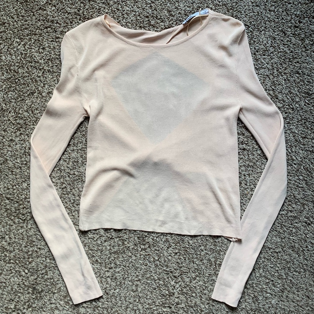 Zara Viscose/Nylon Sheer Twist Open Back Long Sleeve Top